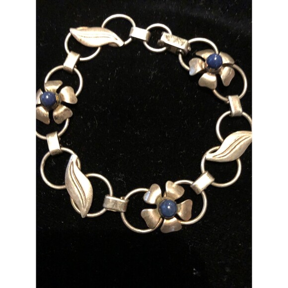 Vintage Mid-Century Sterling Silver Blue Stone Flower/Leaf Bracelet 7" Signed - Picture 1 of 7